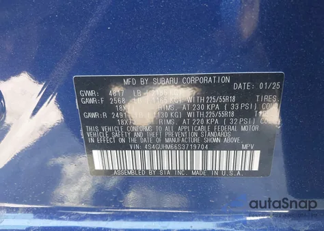 2025 Subaru Crosstrek Limited из США, поврежденный, VIN 4S4GUHM66S3719704